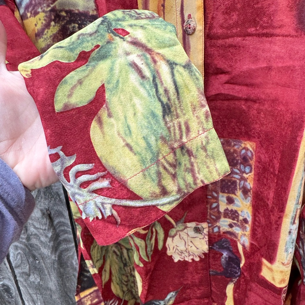 Citron Santa Monica Red Patterned Silk Button Down Long Sleeve Tunic Blouse Smal - Picture 4 of 12